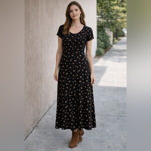 Signature Black Midi Dress with Floral Design
